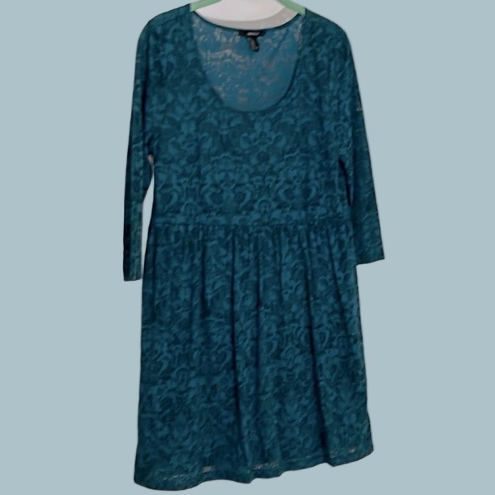 Teal Green Lace Mini Dress Scoop Neck 3/4 Sleeves Size Large Free Shipping Sale